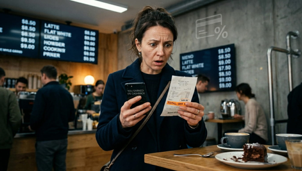 Молодая женщина в кафе с чеком и телефоном – растерянность от того, что кэшбэк не начисляется за ресторан.